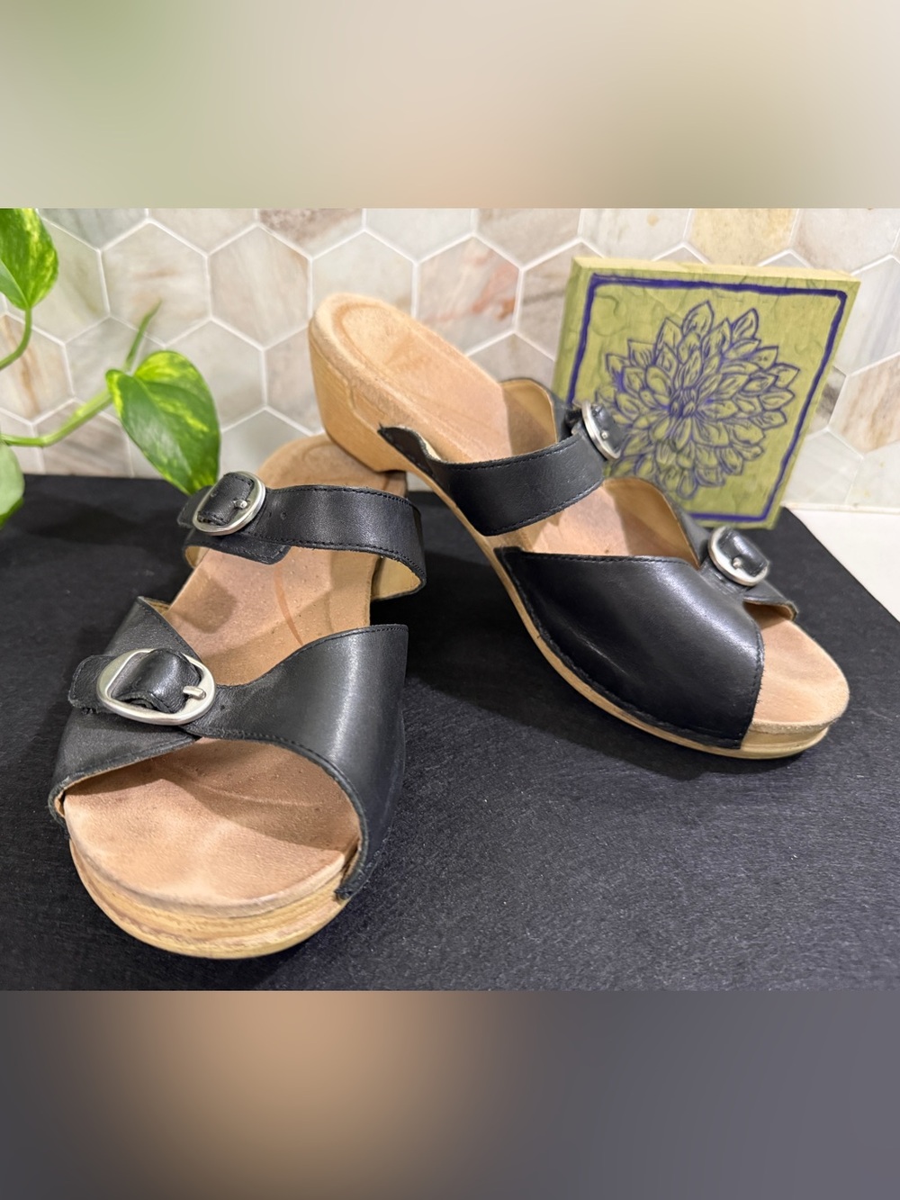 Dansko Black Leather Buckle Clog Mules with Cushioned Footbed